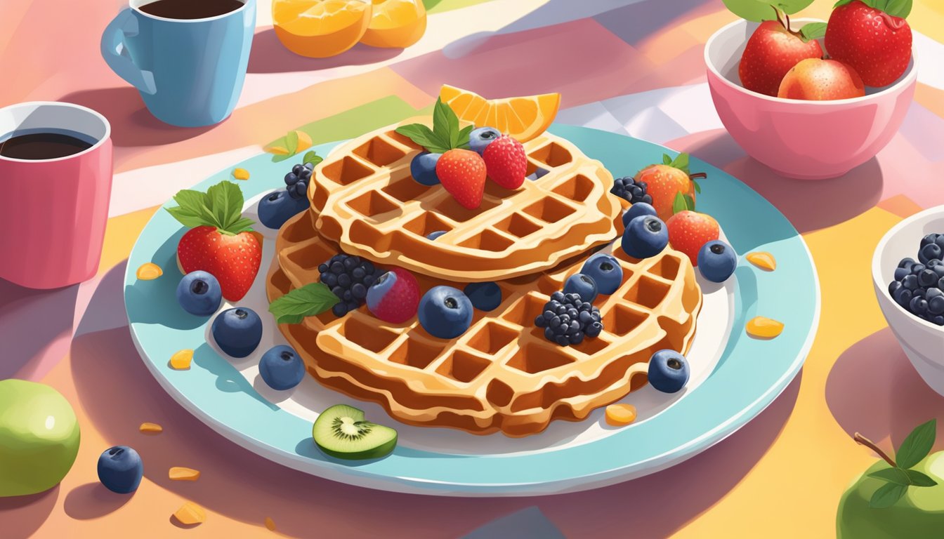 A plate of spelt flour waffles topped with a colorful array of fresh fruit, set against a backdrop of a bright and sunny breakfast table