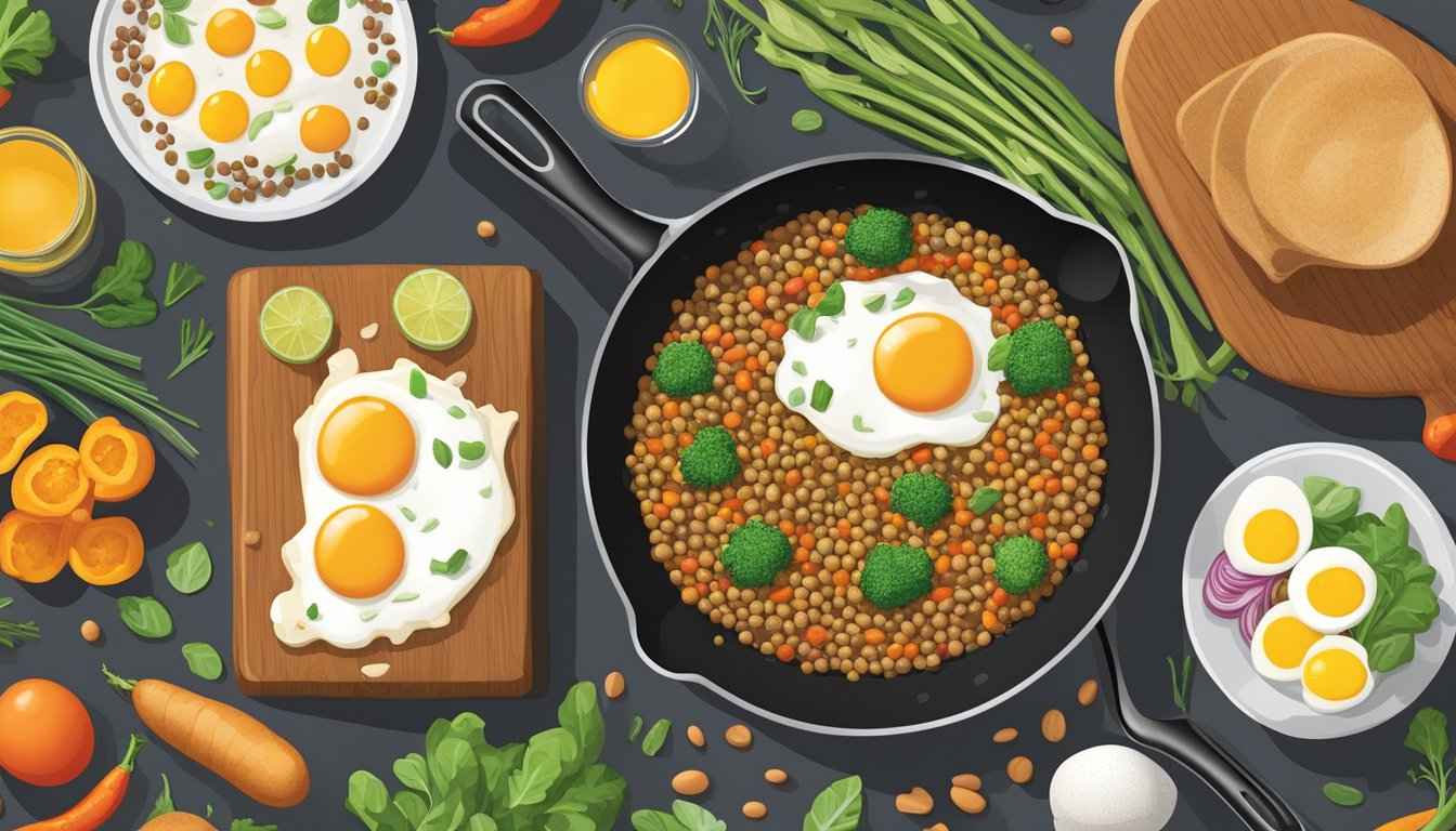 A colorful array of lentils, vegetables, and eggs sizzling in a skillet, emitting a mouthwatering aroma. A stack of recipe books sits nearby, showcasing various high-fiber breakfast options