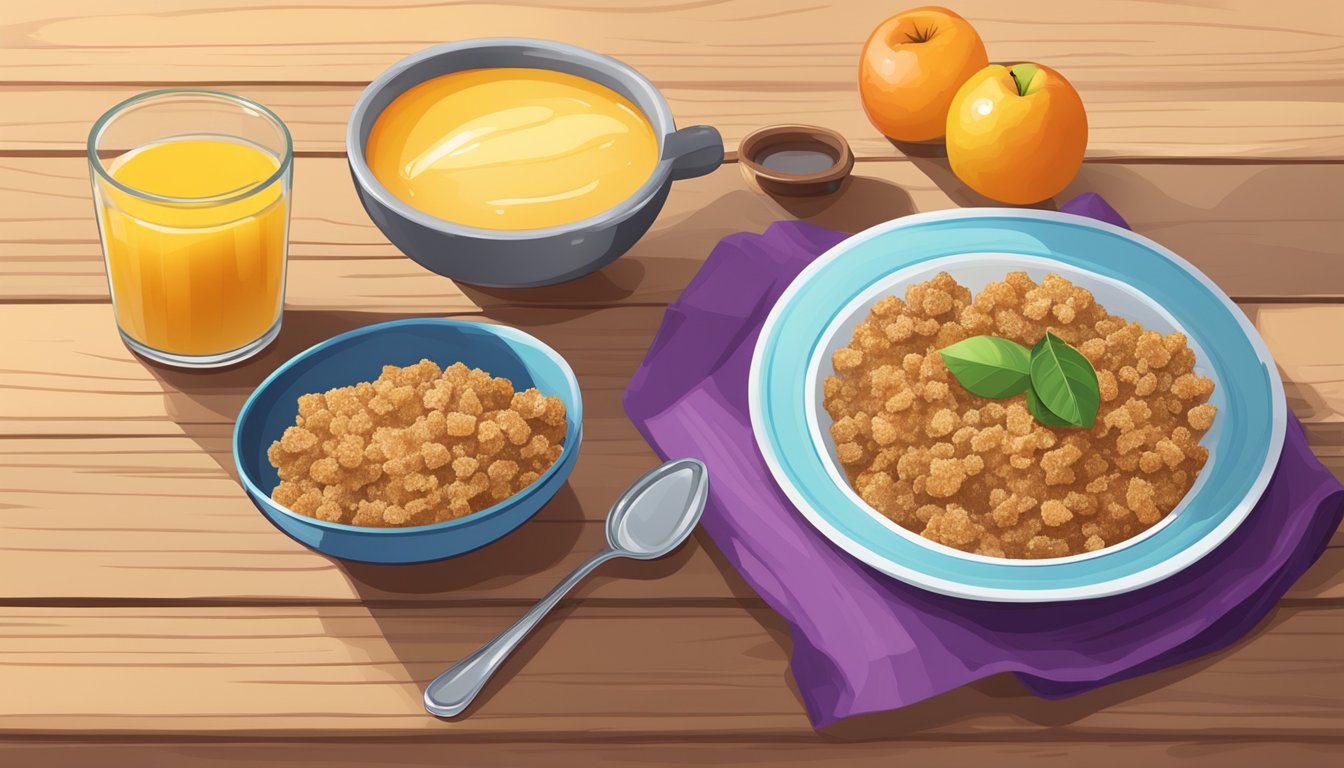 A rustic wooden table with a bowl of amaranth and apple breakfast crisp, surrounded by fresh fruits and a glass of orange juice