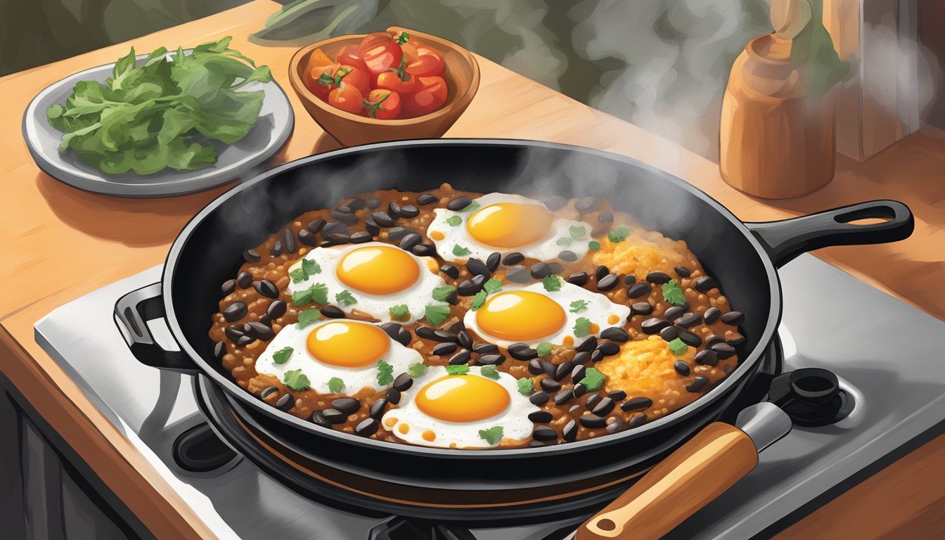 A stovetop smoker emitting fragrant smoke over a sizzling skillet of black bean huevos rancheros