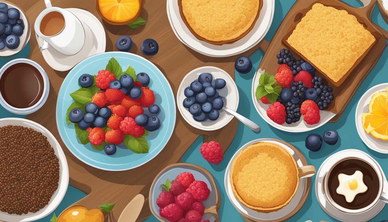 A table set with a colorful array of millet and berry breakfast bakes surrounded by fresh fruits and a steaming cup of coffee