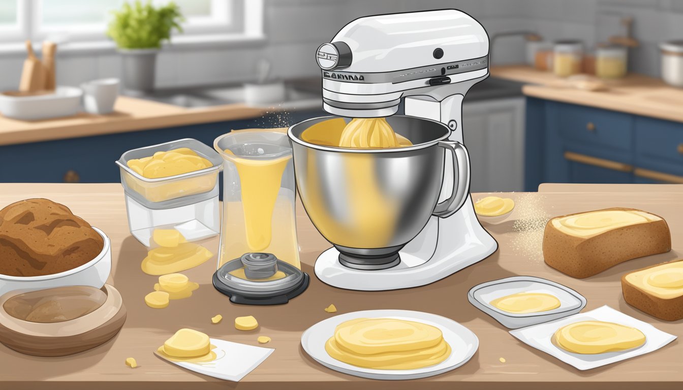 A bowl of banana bread batter being mixed in an electric mixer. Ingredients and recipe cards scattered around