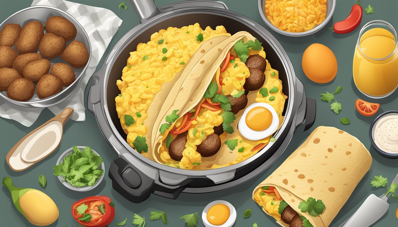 A sizzling breakfast burrito filled with scrambled eggs and savory sausage, surrounded by a variety of pressure cooker ingredients and kitchen utensils