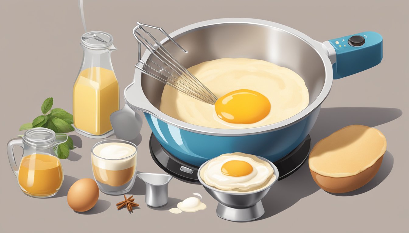 A bowl of pancake mix being blended in an electric mixer, surrounded by ingredients like eggs, milk, and vanilla extract