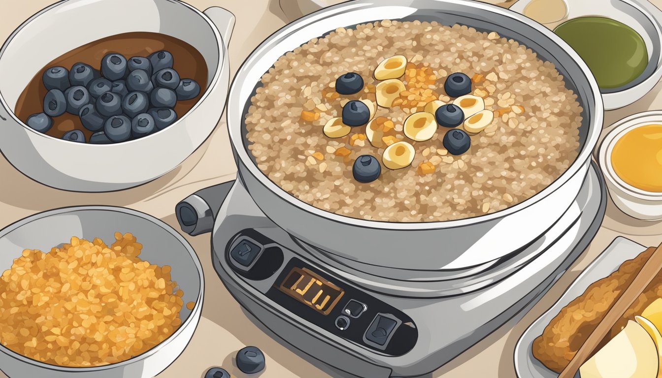 A bowl of steel cut oats drizzled with maple syrup, surrounded by a pressure cooker and various breakfast ingredients