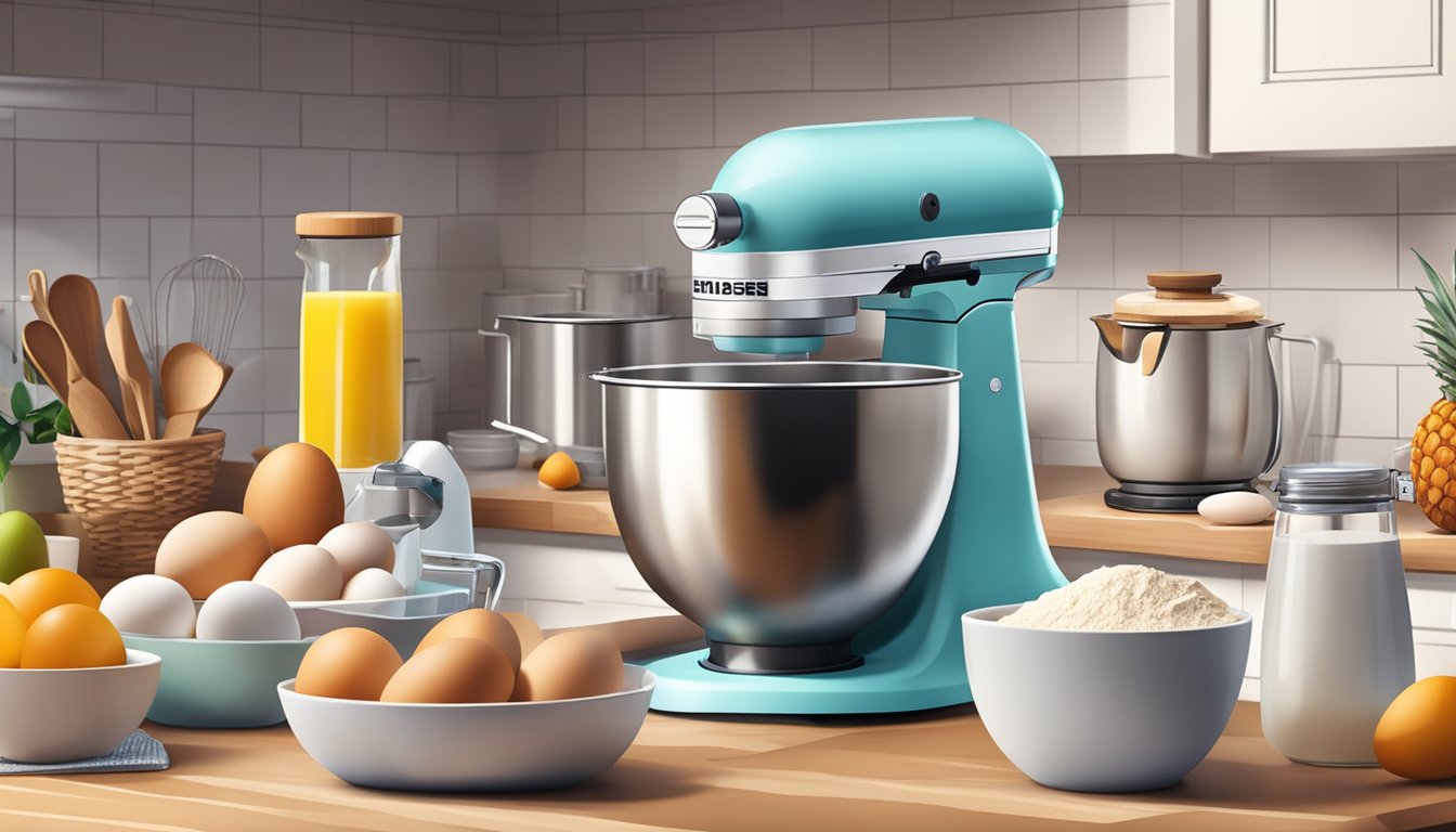 A modern kitchen with an electric mixer on the counter, surrounded by ingredients like eggs, flour, milk, and fruit for breakfast recipes