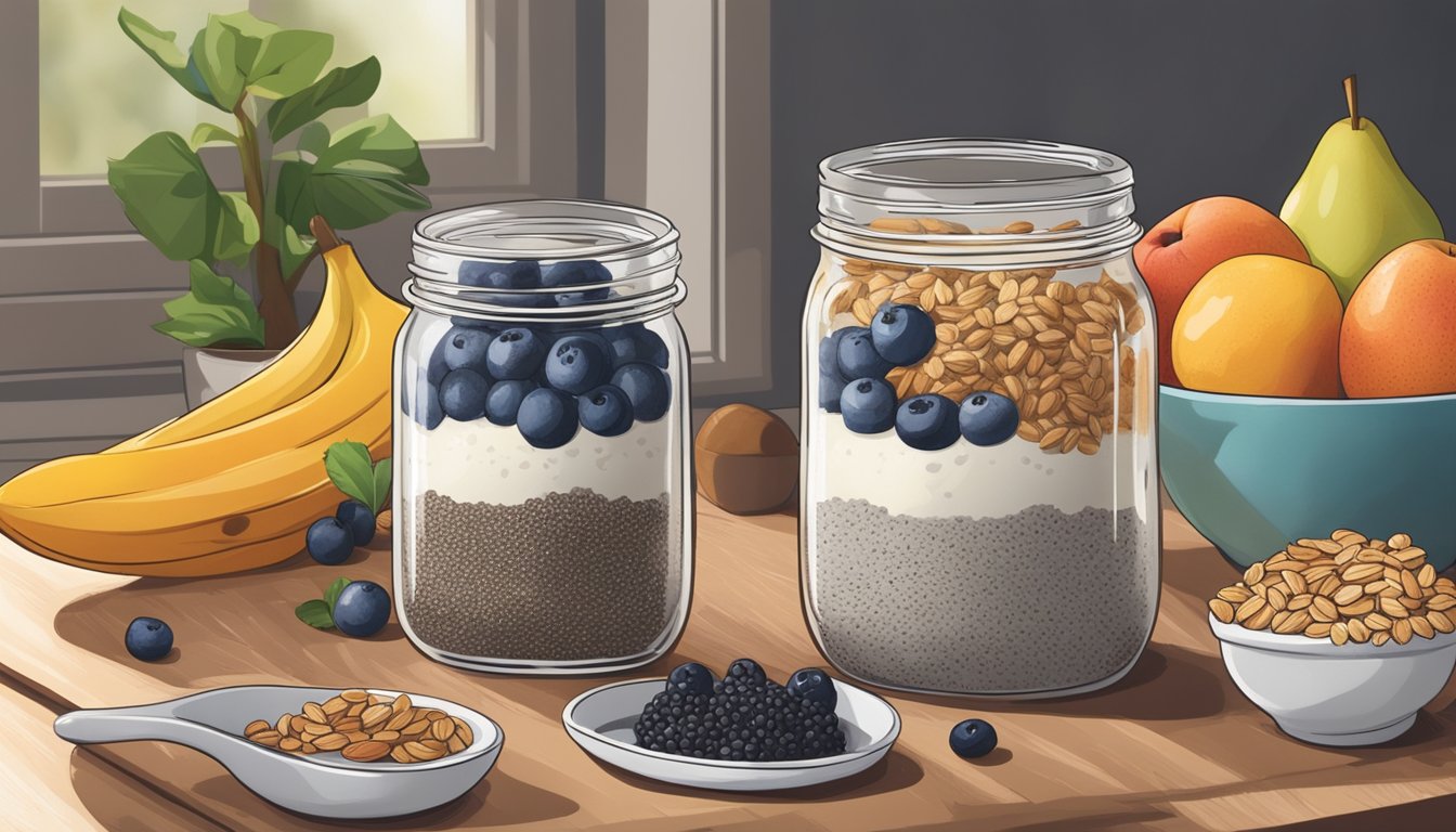 A mason jar filled with chia seed pudding surrounded by various breakfast ingredients like fruits, nuts, and granola on a dorm room desk