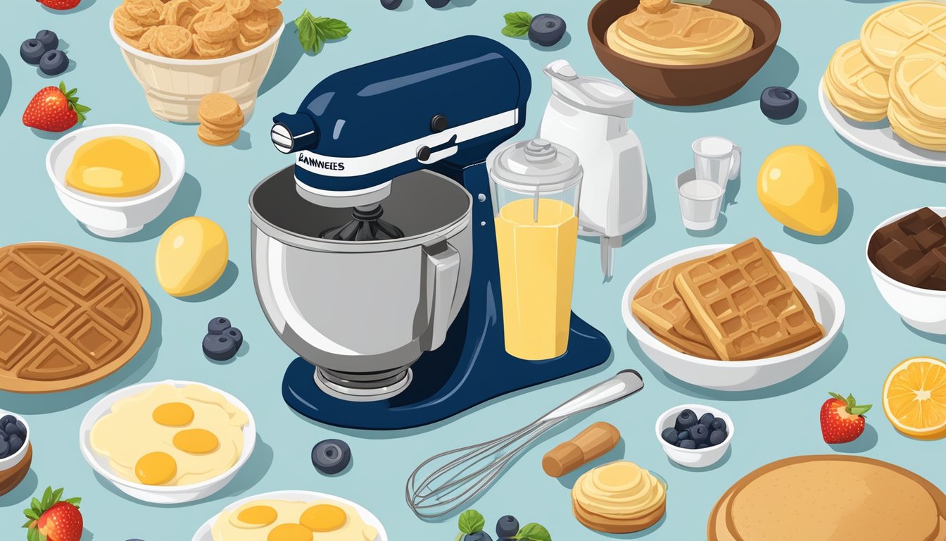 A mixer surrounded by essential attachments, with ingredients for pancakes, waffles, muffins, scrambled eggs, and smoothies laid out nearby