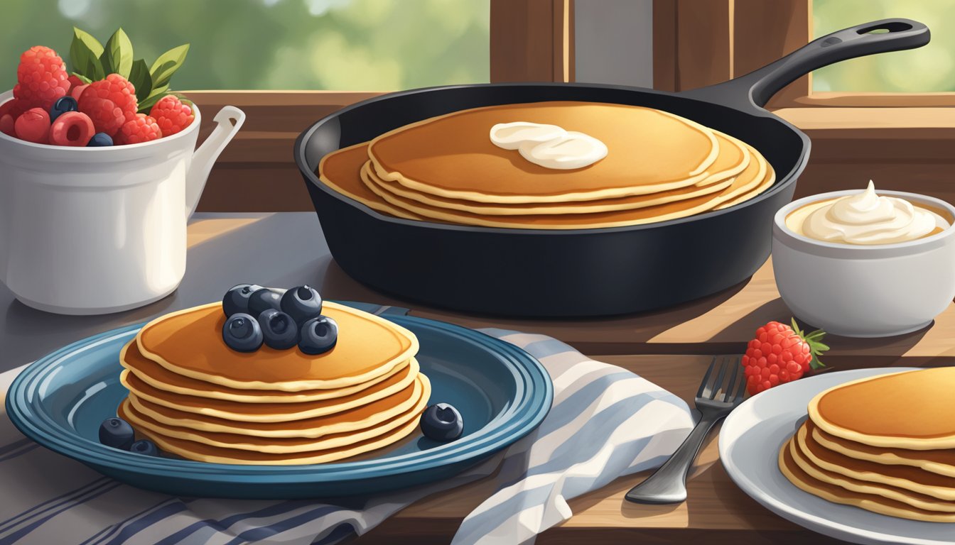 A cast iron skillet sizzling on a stovetop, filled with golden brown buttermilk pancakes. A stack of pancakes sits on a nearby plate, surrounded by fresh berries and a dollop of whipped cream