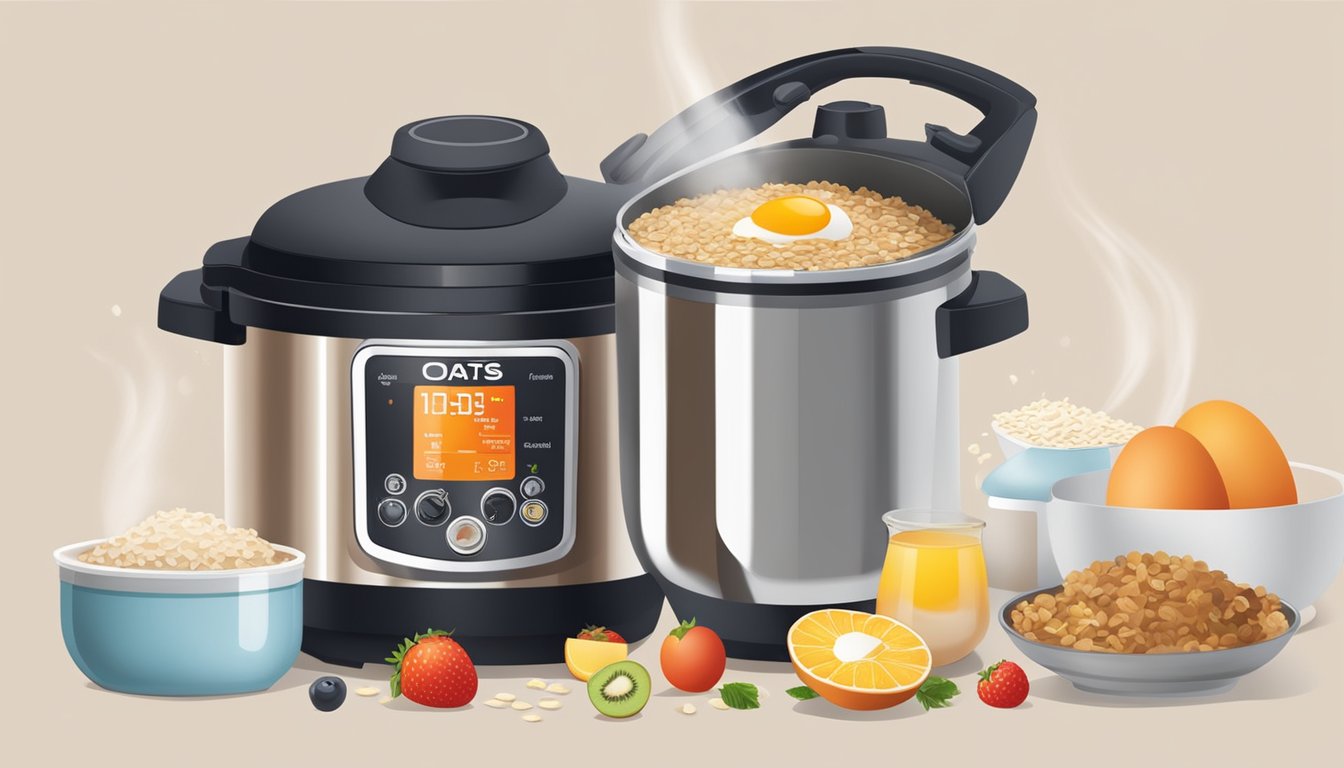 A pressure cooker surrounded by various ingredients such as oats, fruits, and eggs, with steam rising from the pot as breakfast recipes are being prepared