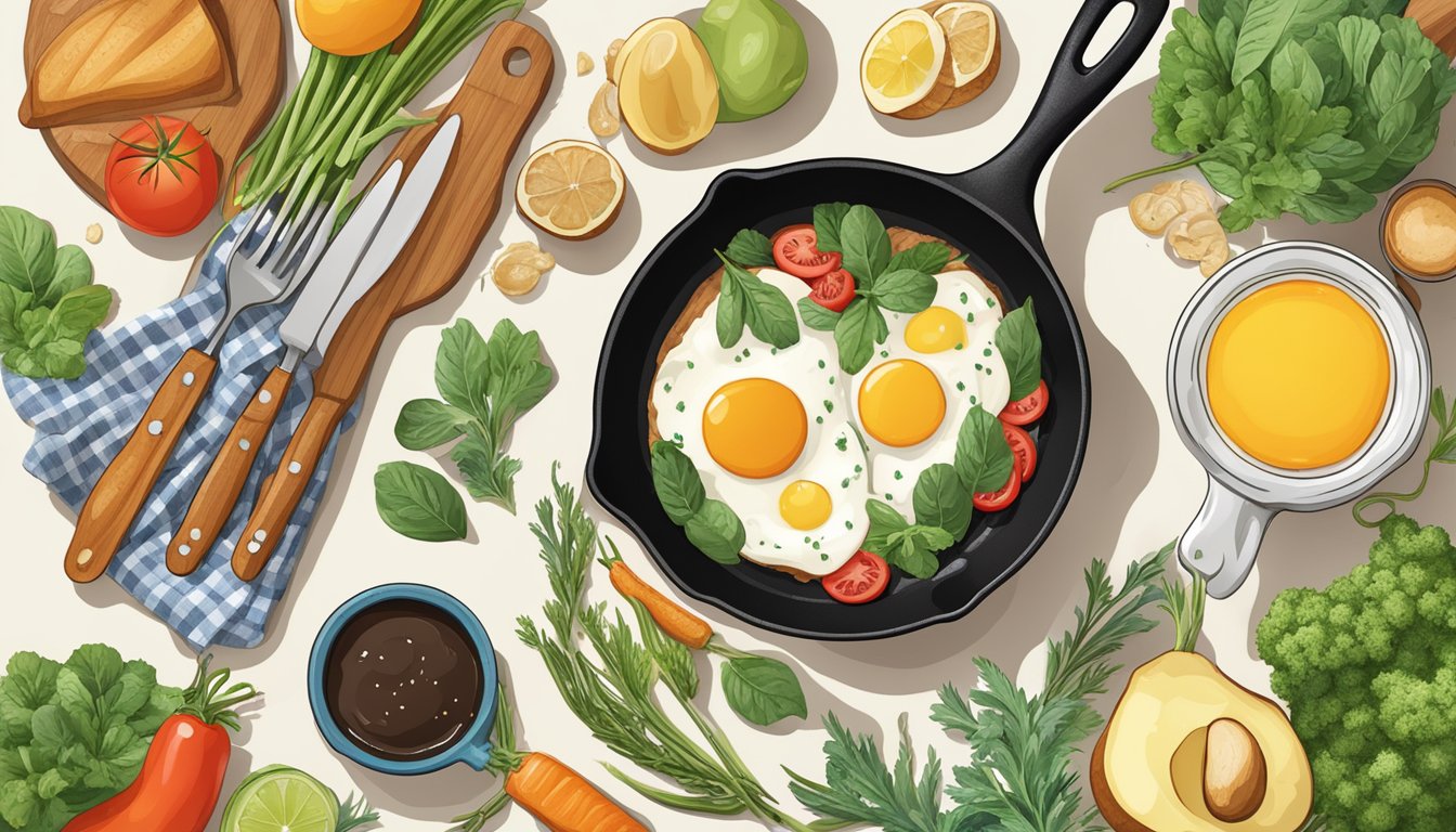 A cast iron skillet surrounded by fresh ingredients for breakfast recipes