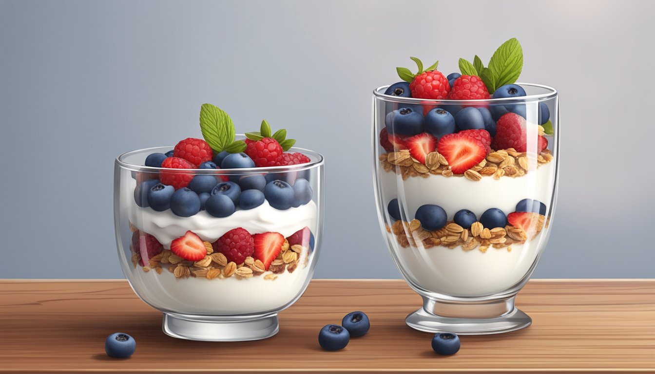 A glass parfait dish filled with layers of yogurt, fresh berries, and crunchy granola, sitting on a wooden table