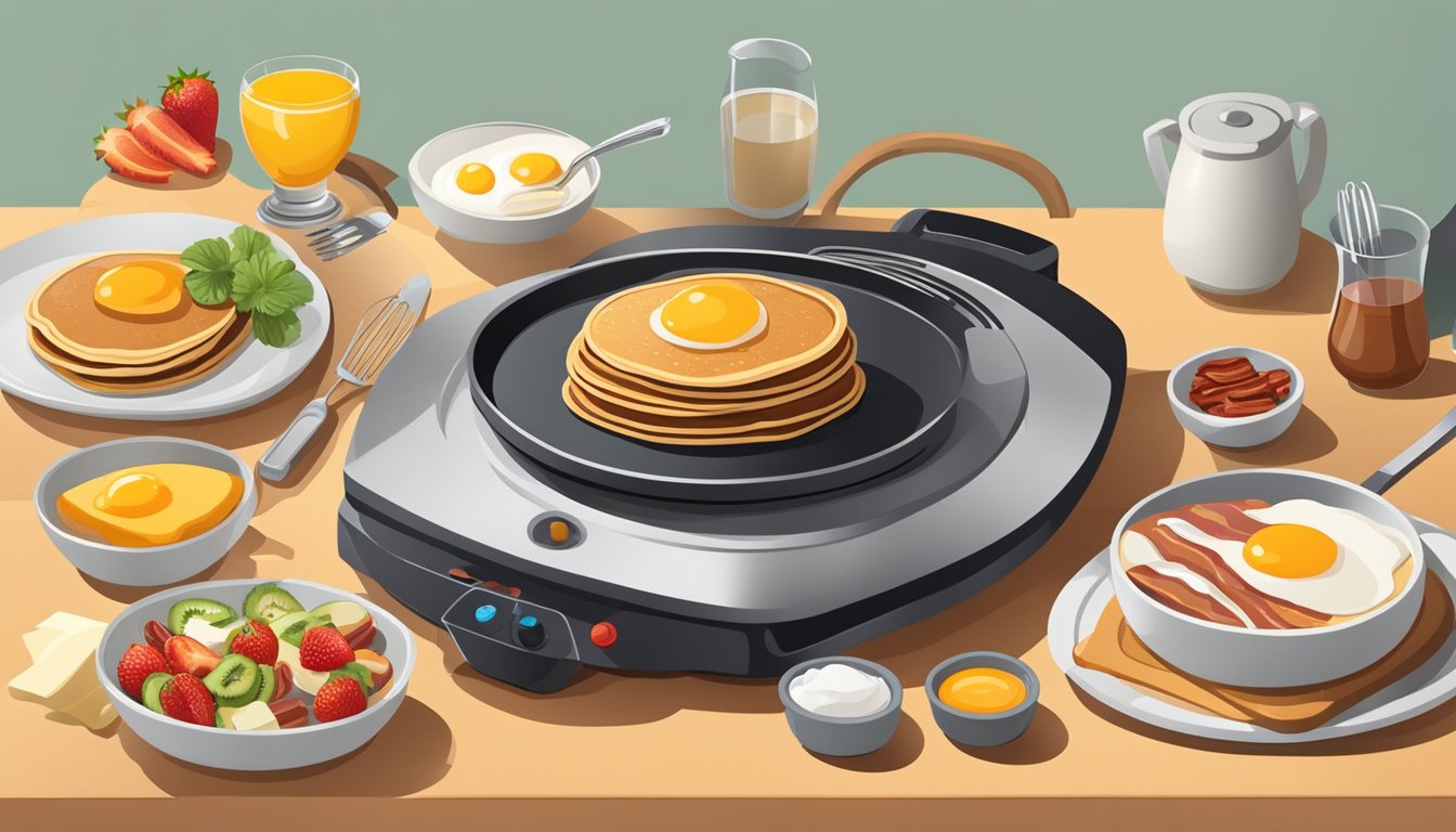 A sizzling electric griddle surrounded by ingredients for pancakes, eggs, bacon, and fruit, with a stack of plates and utensils nearby