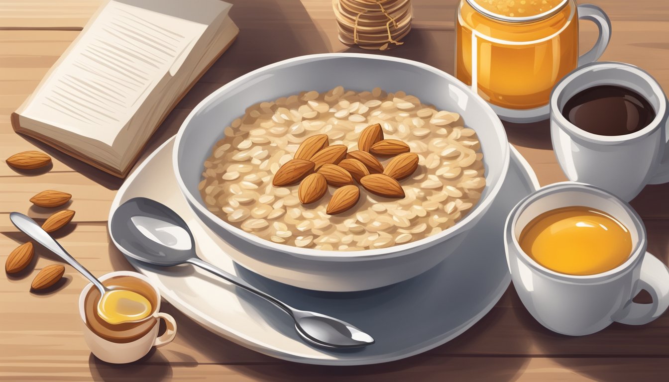 A bowl of oatmeal topped with almonds and drizzled with honey sits on a table next to a mug of coffee and a stack of books