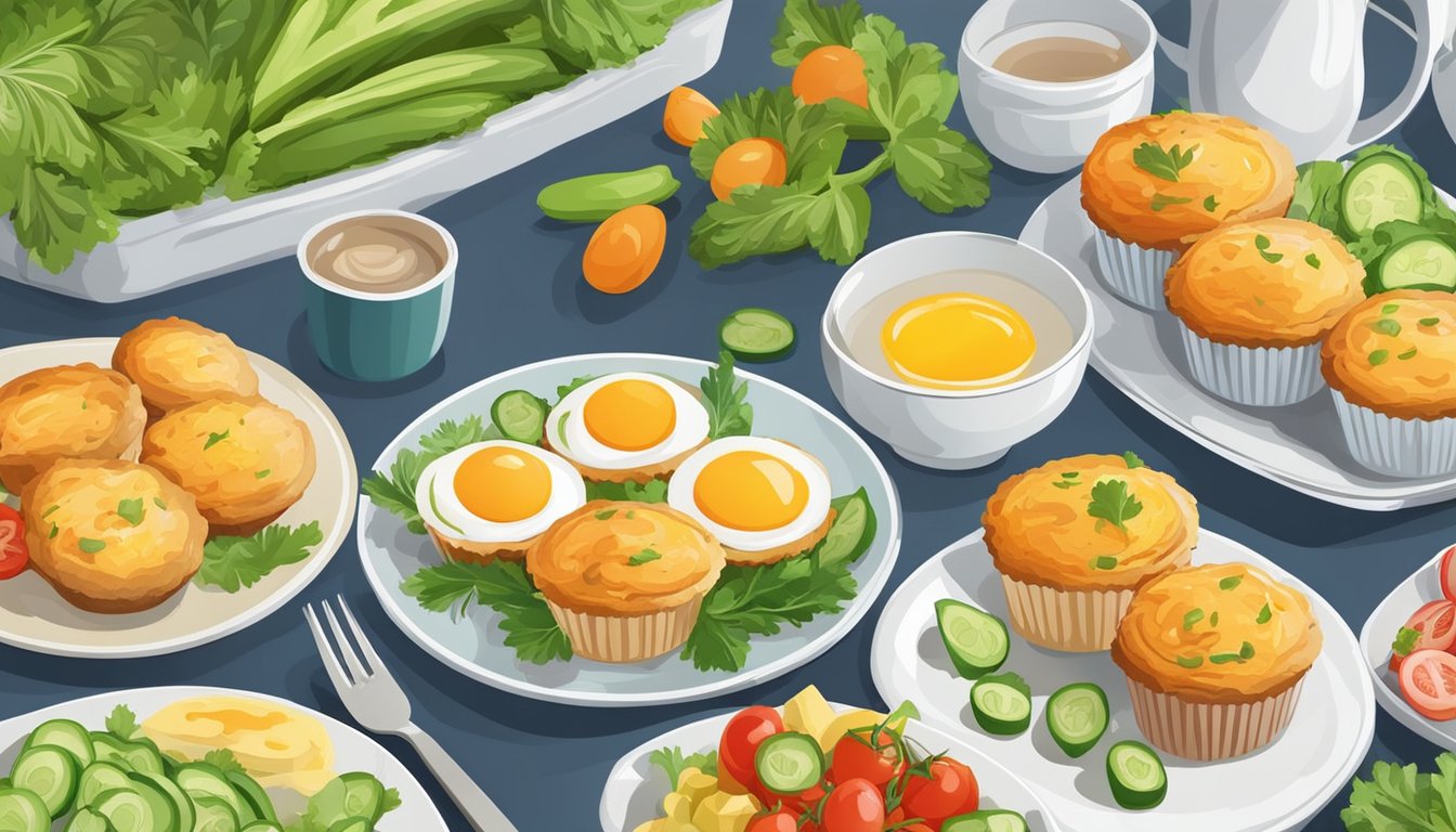 A plate of colorful egg muffins surrounded by various fresh vegetables on a simple table setting