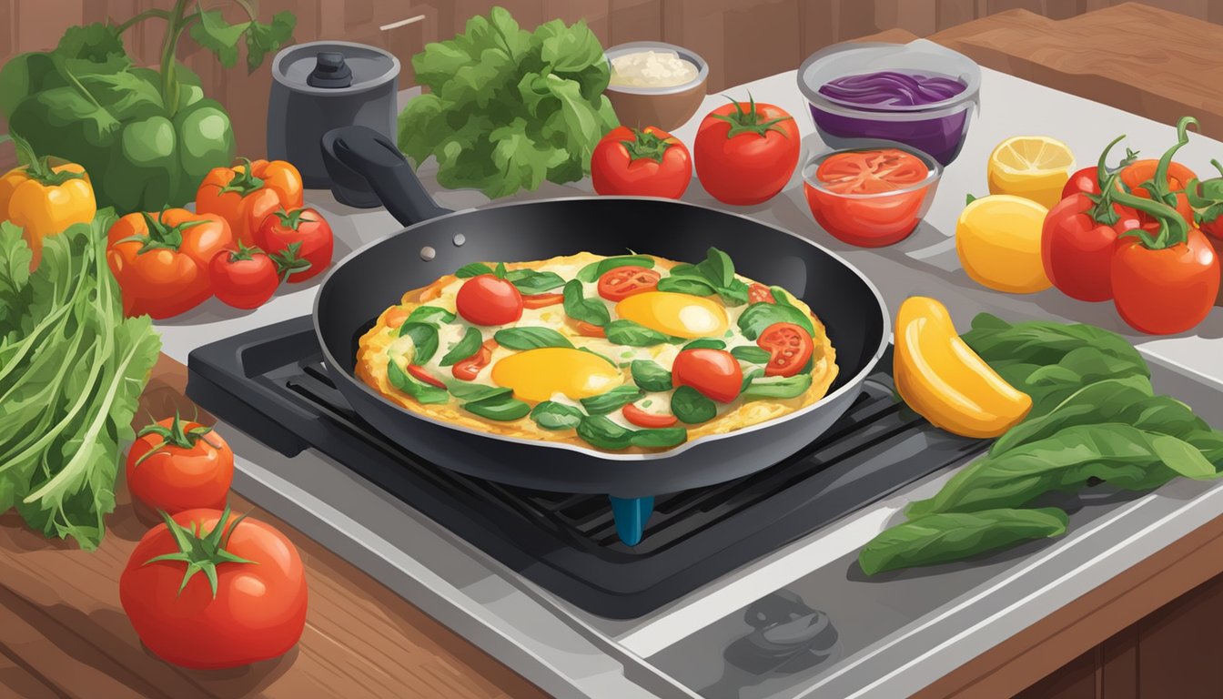 A colorful veggie omelette sizzling on an electric griddle surrounded by fresh ingredients like tomatoes, spinach, and bell peppers