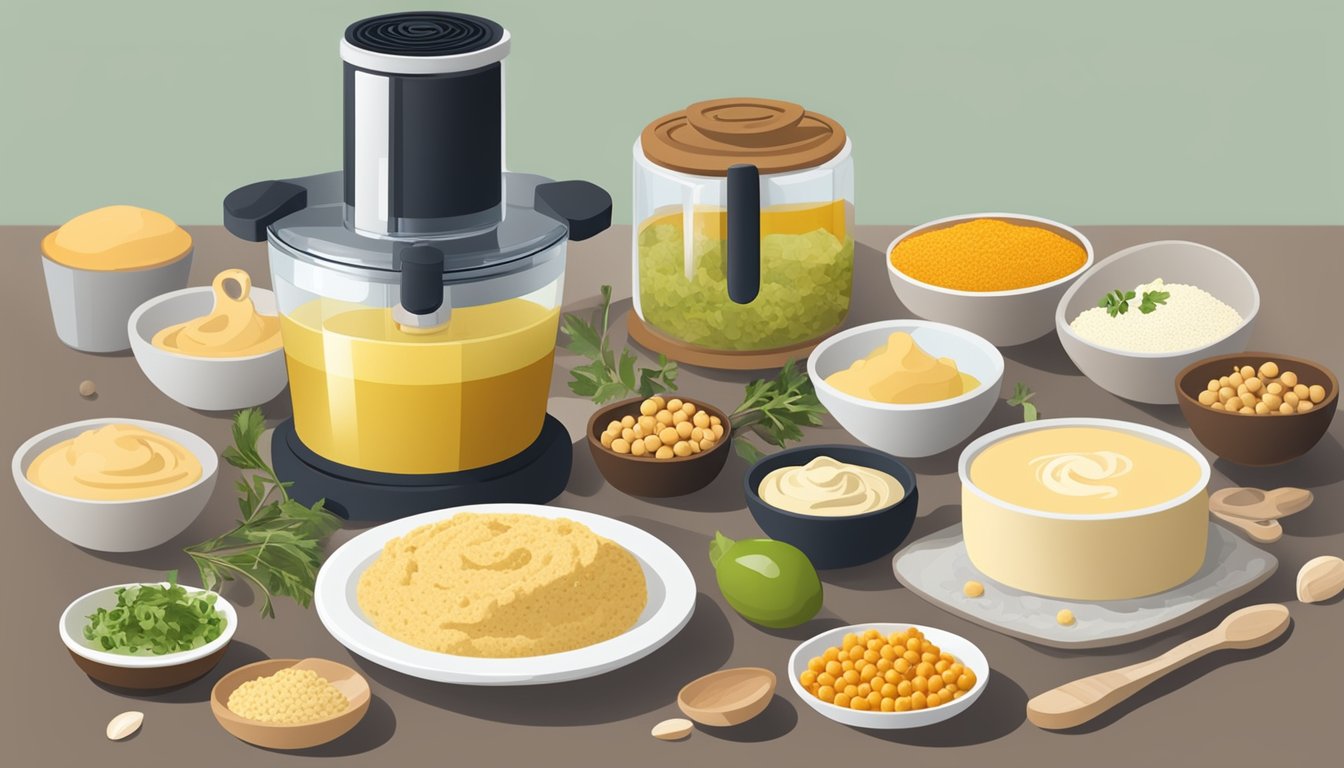 A food processor surrounded by ingredients like chickpeas, olive oil, and garlic, with a bowl of freshly made hummus and various breakfast dishes in the background