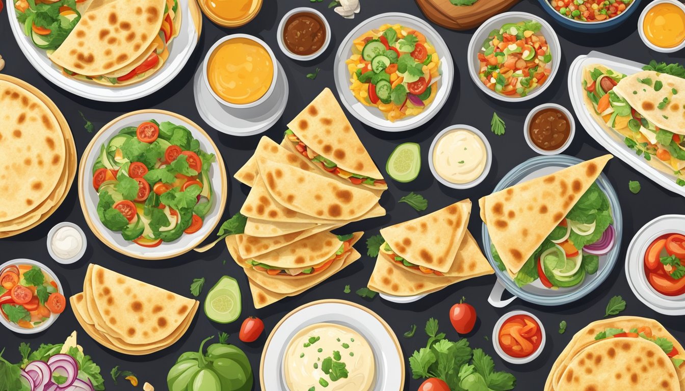 A colorful array of fresh vegetables and creamy cheese fill a golden-brown quesadilla, surrounded by a selection of other breakfast dishes