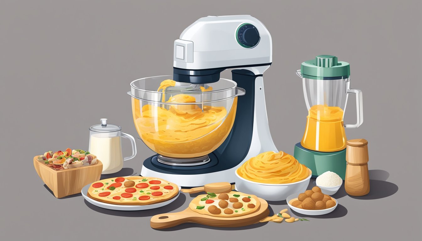 A food processor mixing pizza dough with various breakfast ingredients