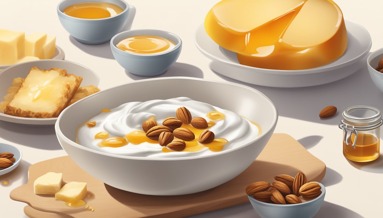 A bowl of Greek yogurt topped with nuts and drizzled with honey sits on a table alongside other breakfast items