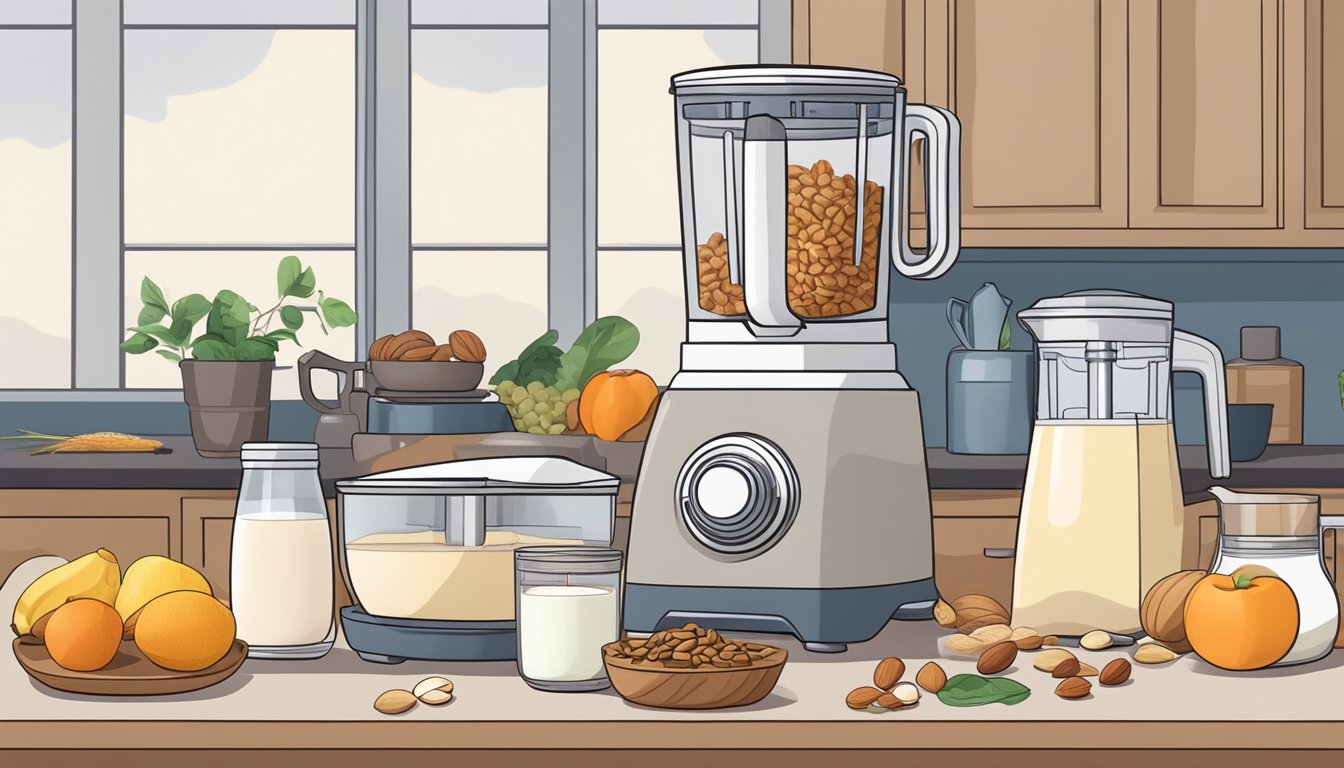 A food processor surrounded by various ingredients such as nuts, fruits, and seeds, with a pitcher of nut milk and a stack of recipe cards nearby