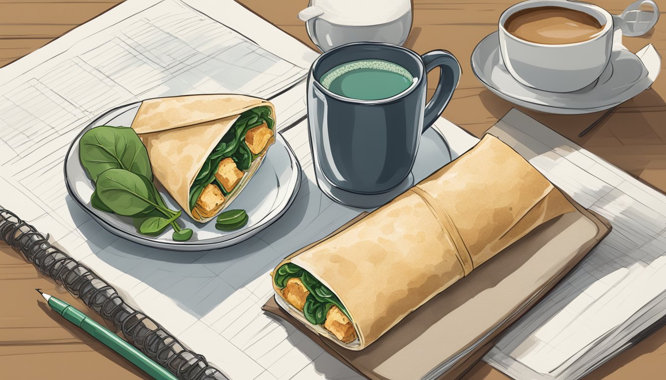 A breakfast wrap filled with turkey and spinach, surrounded by a coffee mug and a notebook, sits on a table