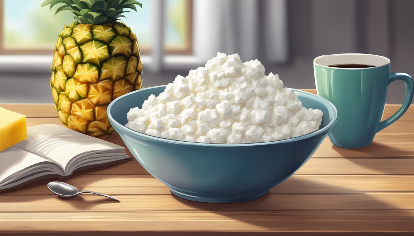 A bowl of cottage cheese with pineapple sits on a wooden table, surrounded by a stack of recipe books and a mug of coffee