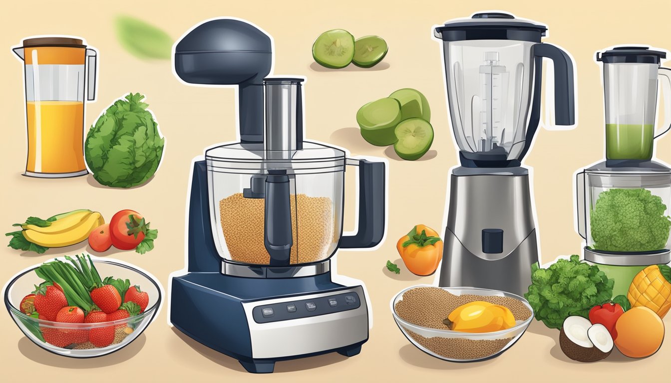 Fresh fruits, vegetables, and grains being processed in a food processor for breakfast recipes