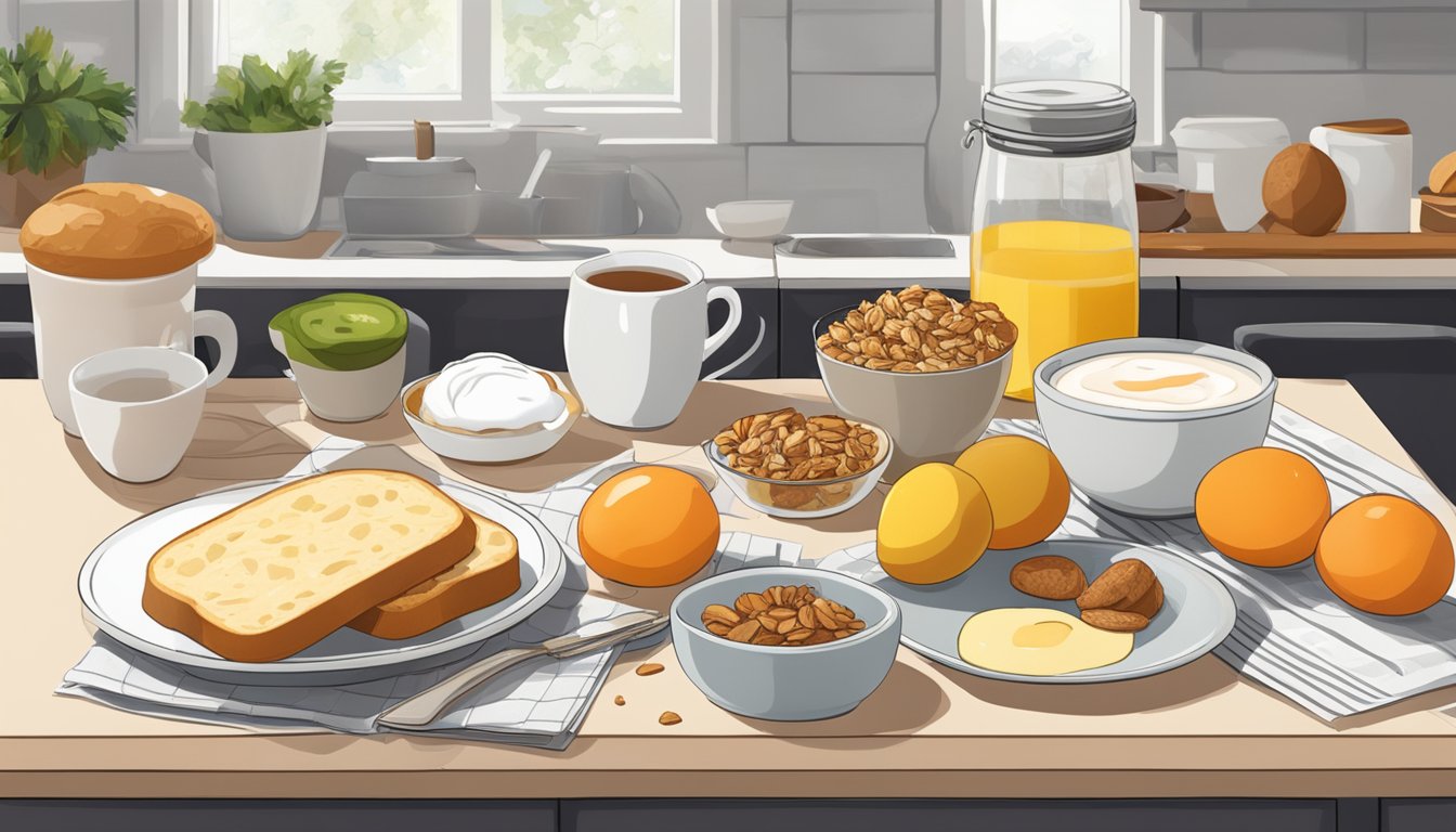 A spread of breakfast ingredients: eggs, bread, fruit, yogurt, and granola on a kitchen counter. A coffee mug and a notebook with recipes are also visible