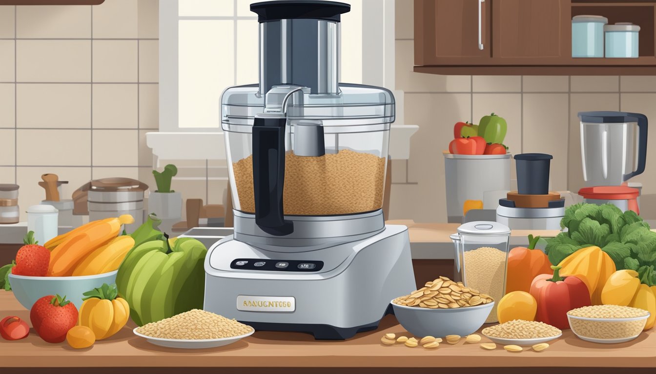 Assorted fresh fruits and vegetables, a bag of nuts, and a container of oats sit on a kitchen counter next to a food processor