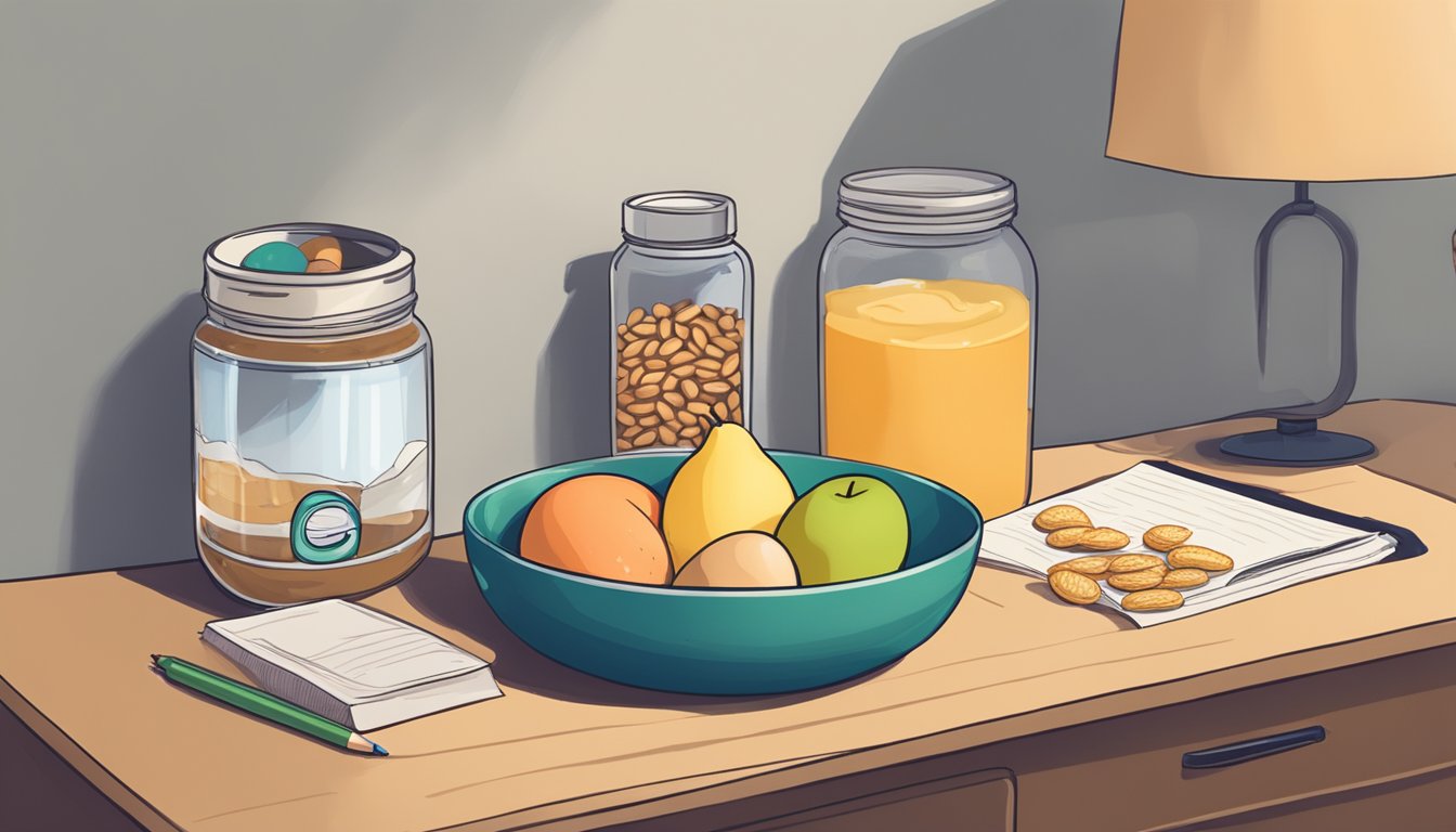 A student's dorm room desk with a bowl of fruit, a toaster, a carton of eggs, a bag of oats, and a jar of peanut butter