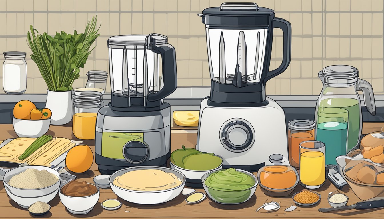 A food processor surrounded by ingredients and kitchen utensils, with a recipe book open to a breakfast section