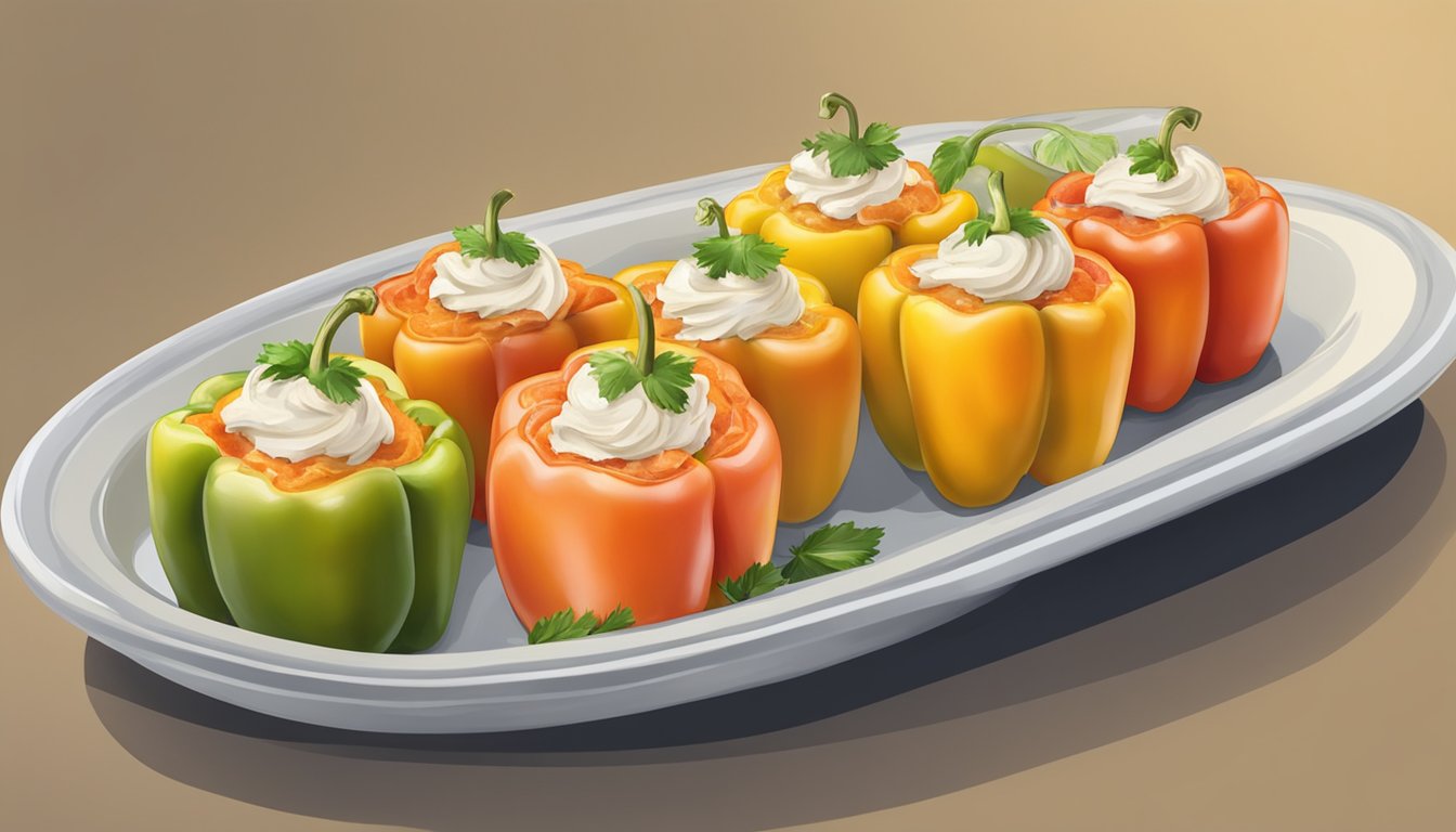 A colorful array of bell peppers filled with smoked salmon and cream cheese, arranged on a serving platter