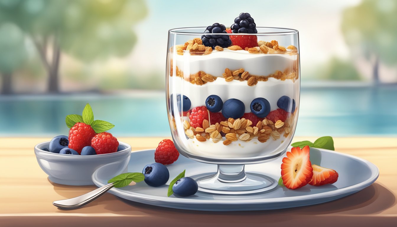 A clear glass parfait dish filled with layers of Greek yogurt, granola, and fresh berries, topped with a drizzle of honey