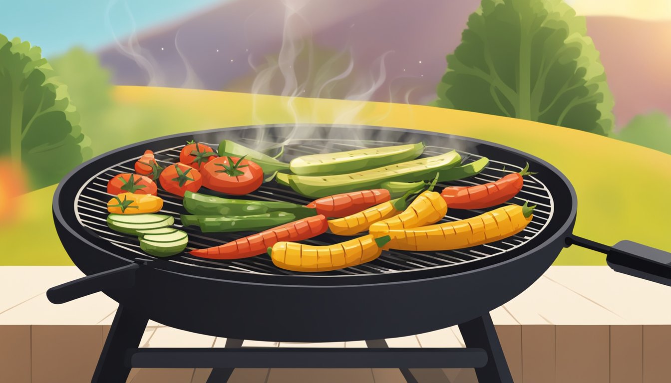 A colorful array of grilled vegetables sizzling on a smoky grill, surrounded by the warm morning sunlight