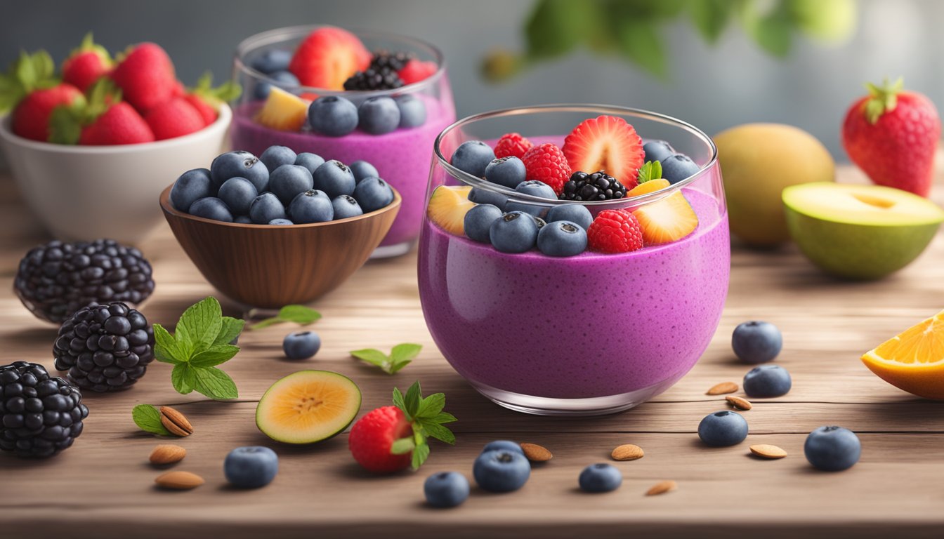 A vibrant berry smoothie bowl surrounded by fresh fruits and seeds, set against a backdrop of a rustic wooden table