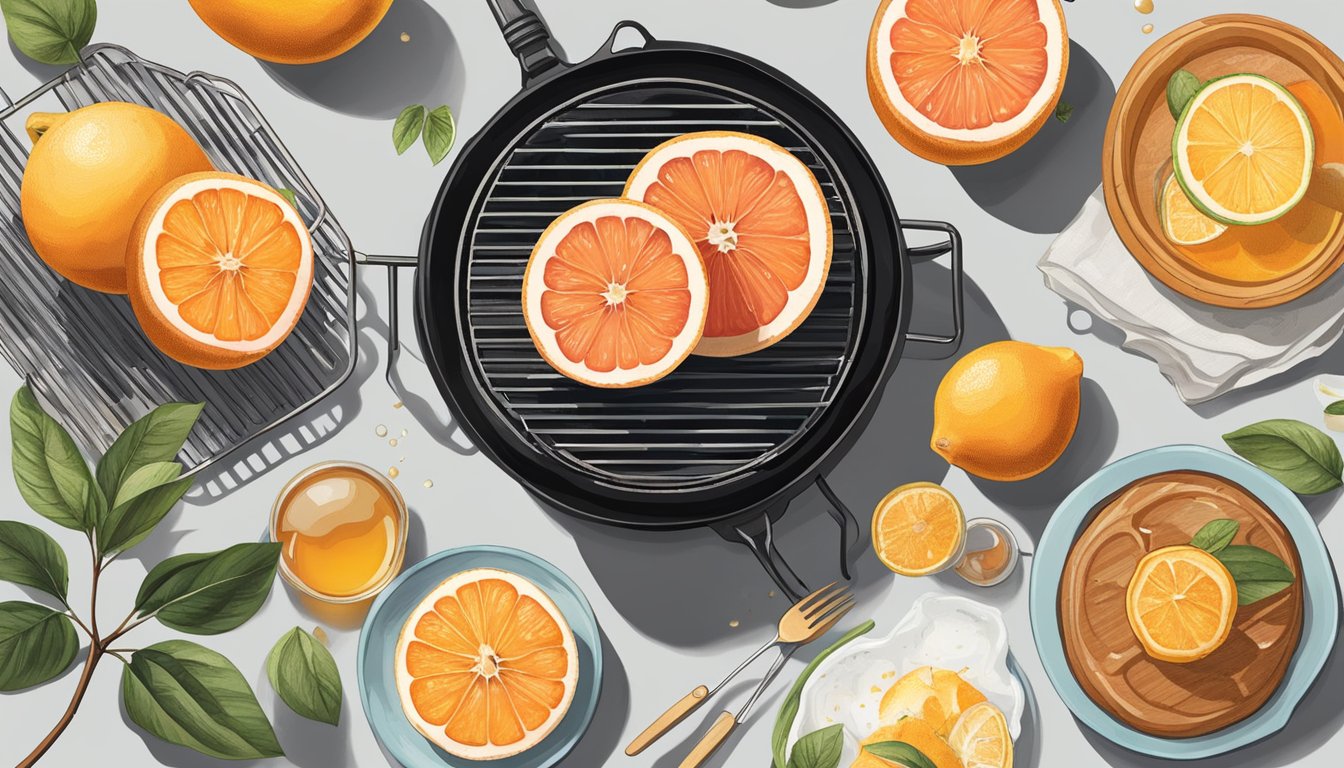 A grapefruit half sits on a grill, charred and drizzled with honey, surrounded by a few other breakfast items