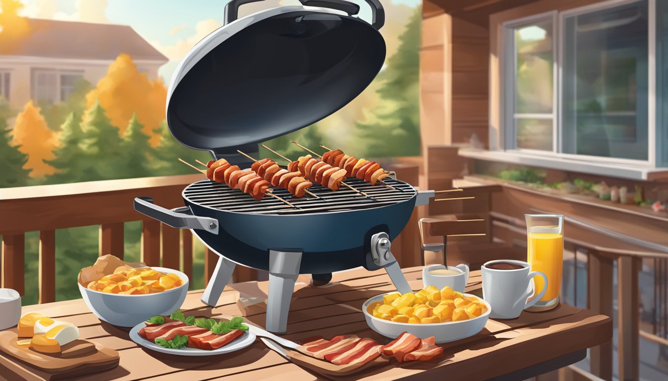 A grill with sizzling skewers of maple bacon, surrounded by breakfast ingredients and utensils on a sunny outdoor patio