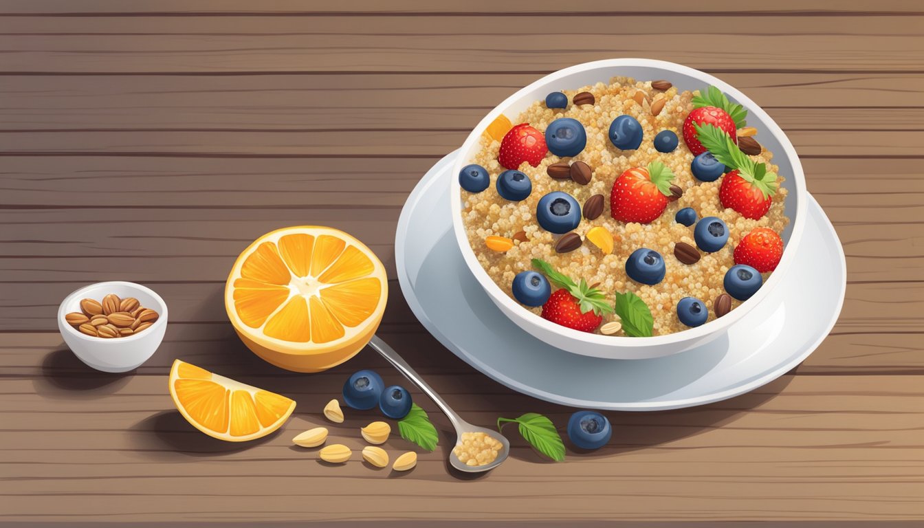 A colorful breakfast bowl filled with quinoa, fresh fruits, nuts, and seeds on a wooden table. A spoon rests on the side