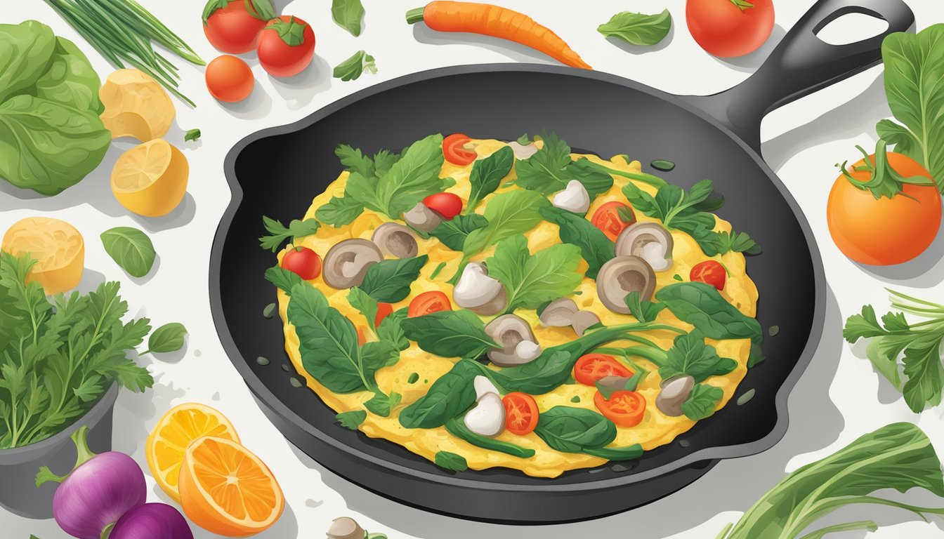 A skillet sizzling with a spinach and mushroom omelette surrounded by colorful vegetables and herbs