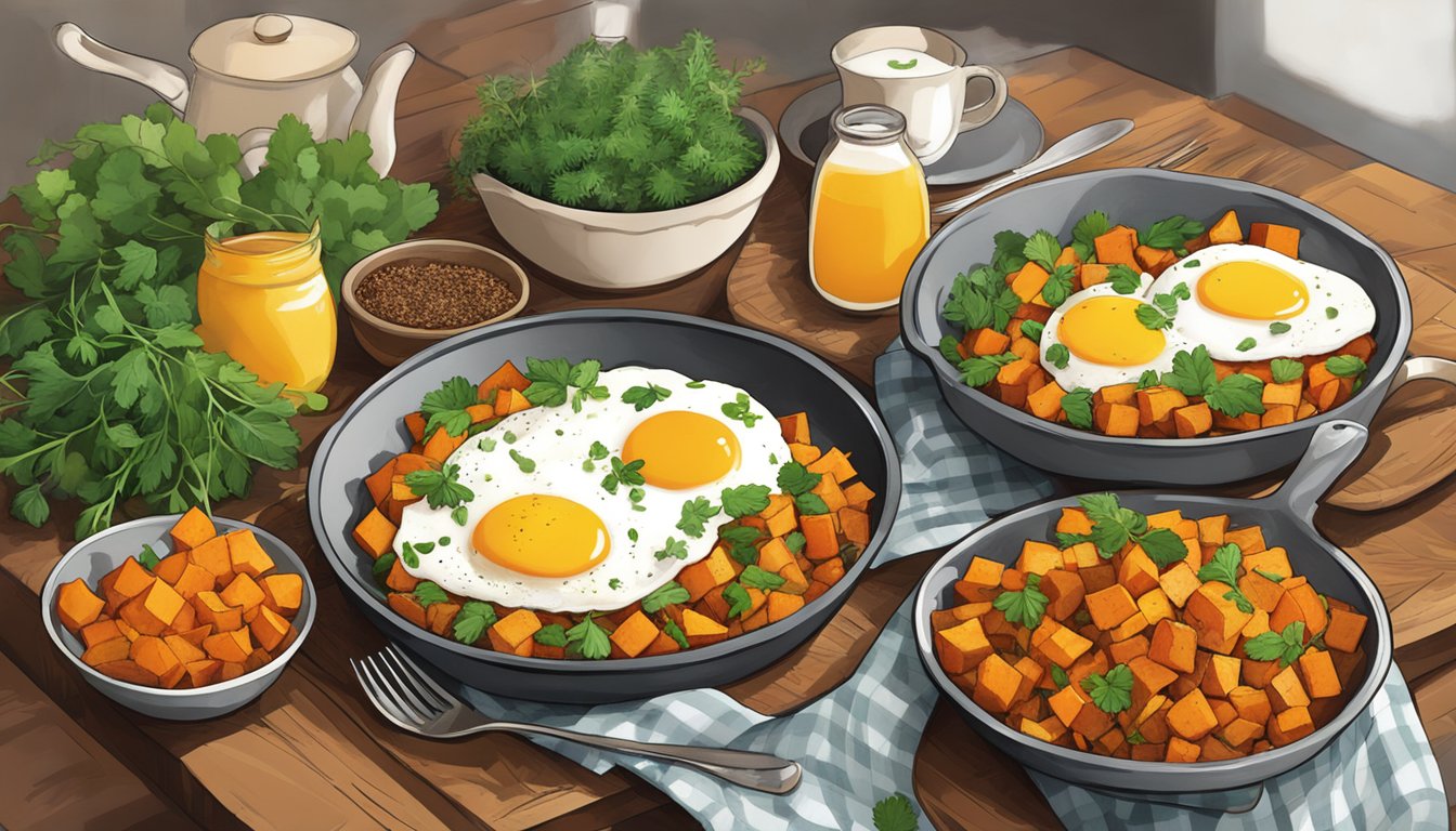 A colorful array of sweet potato hash, eggs, and fresh herbs on a rustic breakfast table