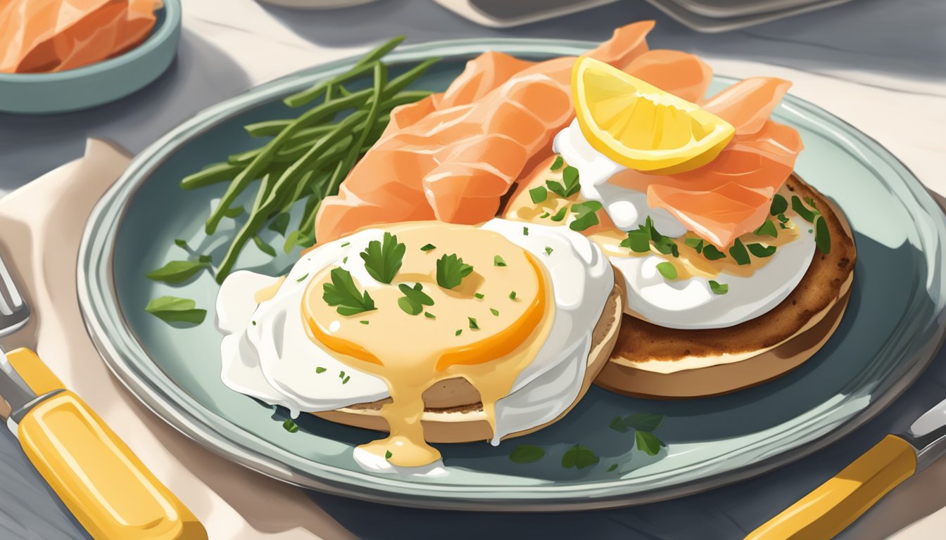 A plate with a grilled English muffin topped with smoked salmon, a poached egg, and hollandaise sauce, surrounded by a grill and morning sunlight