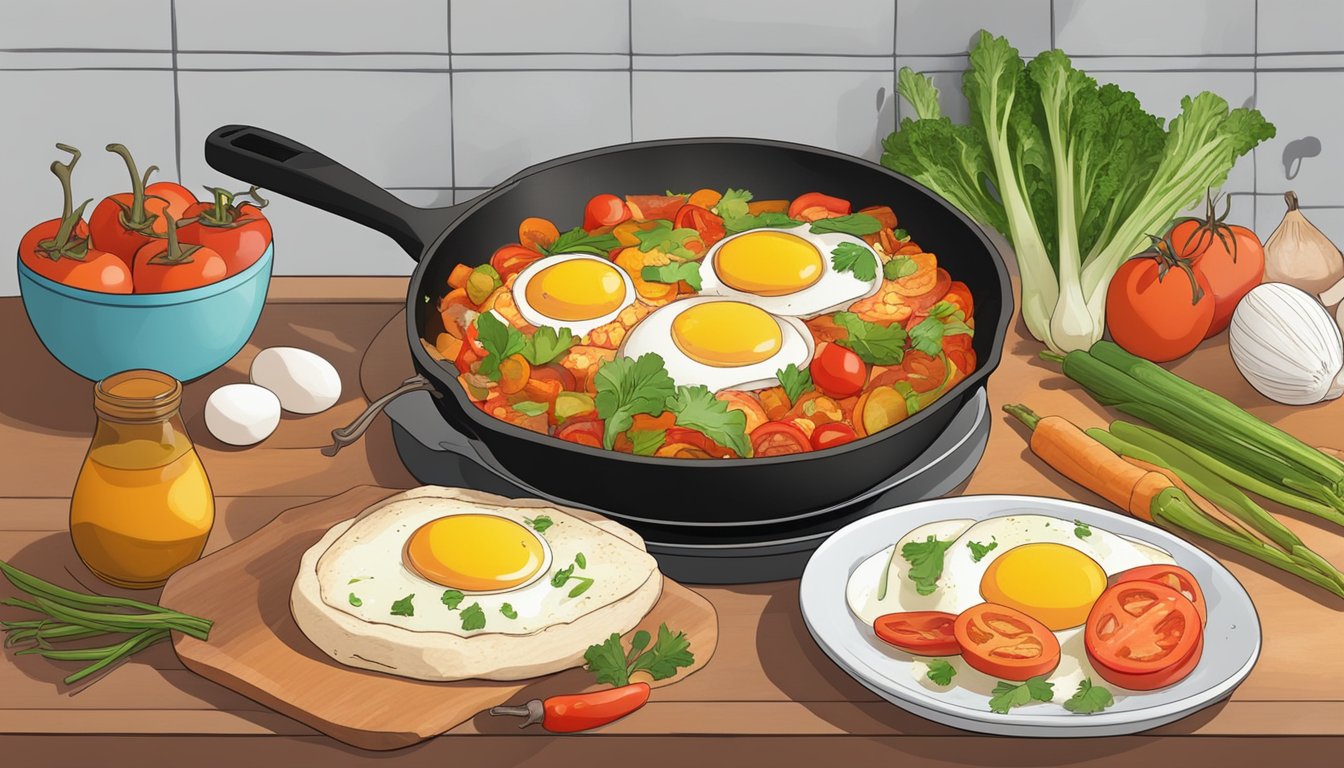 A colorful array of fresh vegetables, eggs, and spices arranged on a kitchen counter, with a steaming skillet of shakshuka in the background