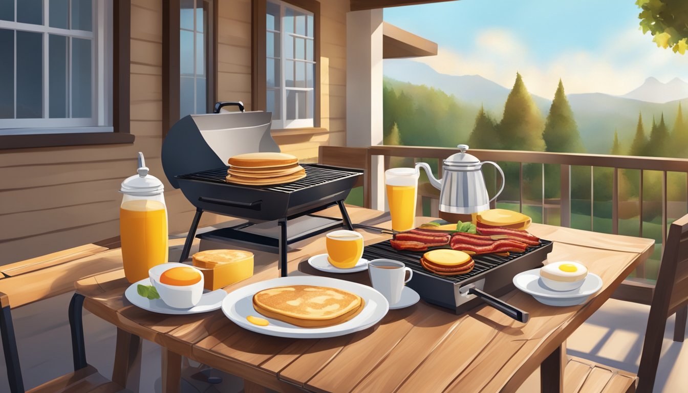 A sunny outdoor patio with a grill sizzling with breakfast foods like bacon, eggs, and pancakes. A steaming cup of coffee sits on a nearby table