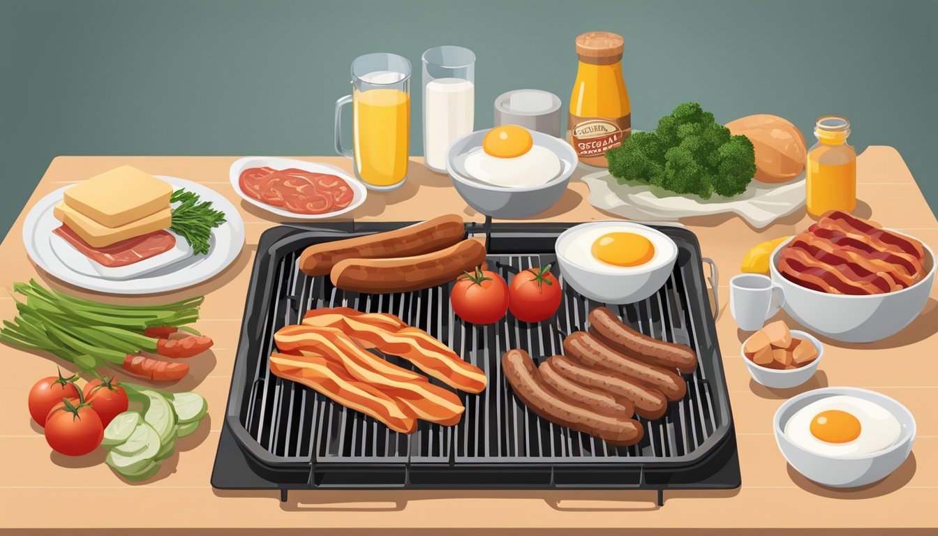 A grill with various breakfast ingredients laid out, including eggs, bacon, sausages, and vegetables, ready to be cooked for a delicious morning meal