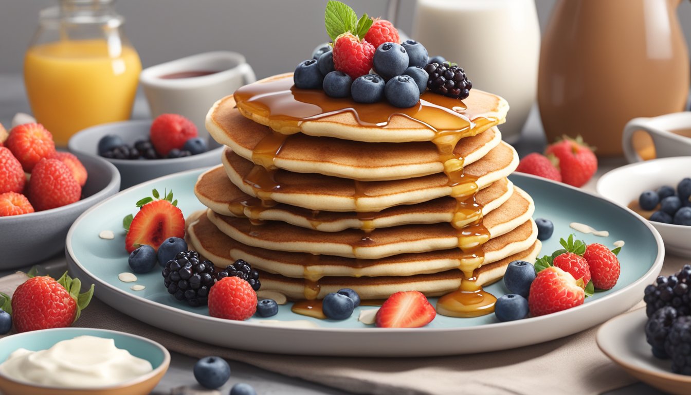 A stack of coconut flour pancakes topped with fresh berries and a drizzle of maple syrup, surrounded by a variety of low sodium breakfast ingredients