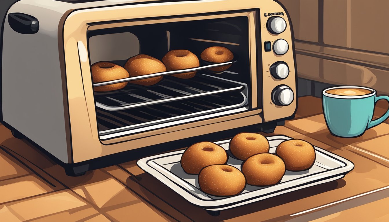 A plate of golden-brown cinnamon sugar donut holes sits next to a toaster oven with a warm glow