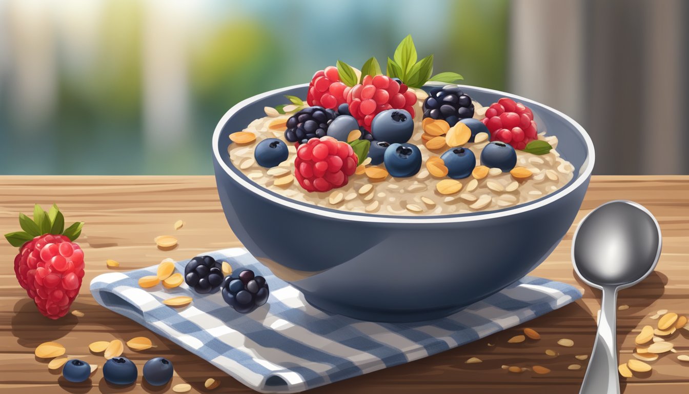 A bowl of oatmeal topped with fresh berries and a sprinkle of seeds, set on a rustic wooden table with a spoon beside it