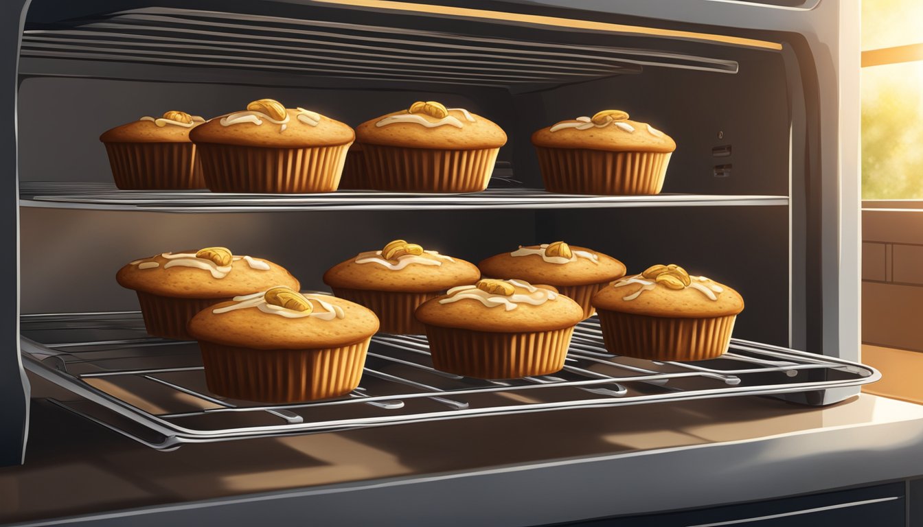 A toaster oven filled with golden brown banana nut muffins cooling on a wire rack. Sunlight streams through a nearby window, casting a warm glow on the scene