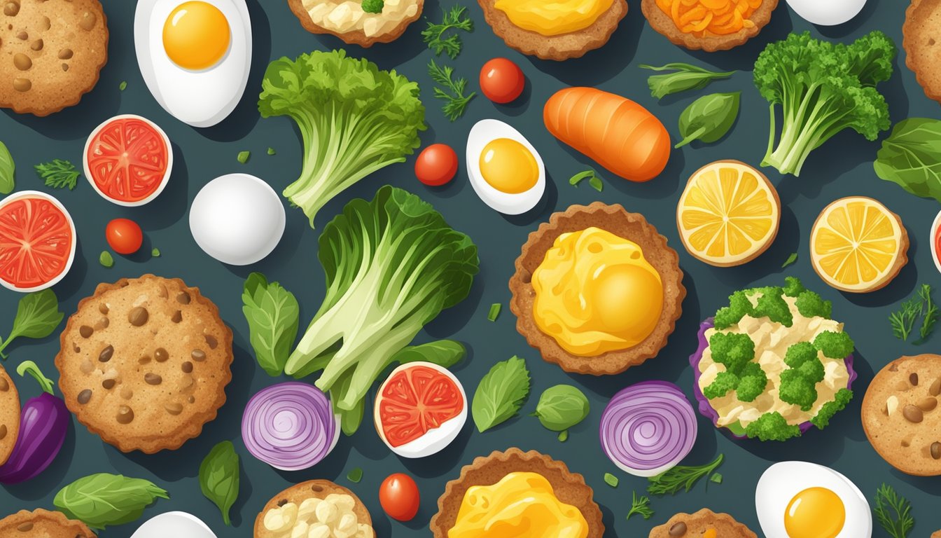 A colorful array of fresh vegetables and eggs arranged around a batch of savory muffins